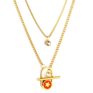 Stainless Steel Oval Hollow Round Orange Drip Oil With Star + Chain With Diamond Double Chain Necklace