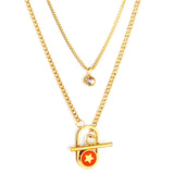 Stainless Steel Oval Hollow Round Orange Drip Oil With Star + Chain With Diamond Double Chain Necklace