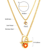 Stainless Steel Oval Hollow Round Orange Drip Oil With Star + Chain With Diamond Double Chain Necklace