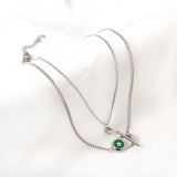 Stainless Steel Oval Hollow Round Green Drip Oil With Star + Chain With Diamond Double Chain Necklace