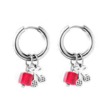 Stainless Steel Circle With Red Square Diamond+Cherry Earrings