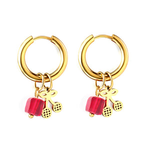 Boucles d'oreilles cercle en acier inoxydable avec diamant carré rouge + cerise