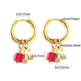 Stainless Steel Circle With Red Square Diamond+Cherry Earrings