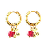 Pendientes Círculo De Acero Con Diamante Cuadrado Rojo+Cereza