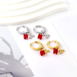 Stainless Steel Circle With Red Square Diamond+Cherry Earrings