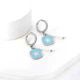 Stainless Steel Circle With 8 White Beads+Square With Blue Peach Blossom Earrings