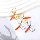 Stainless Steel Circle With 8 Orange Red Beads+Square With White Diamond A Earrings