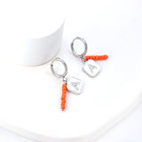 Stainless Steel Circle With 8 Orange Red Beads+Square With White Diamond A Earrings