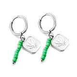 Stainless Steel Circle With 8 Green Beads+Square With Leaf Earrings