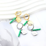 Stainless Steel Circle With 8 Green Beads+Square With Leaf Earrings