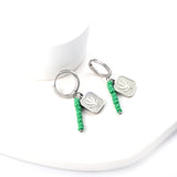 Stainless Steel Circle With 8 Green Beads+Square With Leaf Earrings