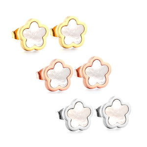 New Stainless Steel Peach Blossoms With White Shell Cutting Stud Earrings