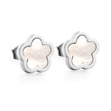 New Stainless Steel Peach Blossoms With White Shell Cutting Stud Earrings