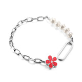 Nuevo 5 perlas blancas + flor de melocotón roja accesorios pulsera