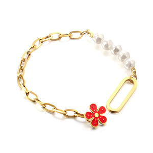 New 5 White Pearl+Red Peach Blossom Accessories Bracelet