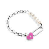 Pulsera Acero 5 Perlas Blancas+Accesorios Corazón Morado