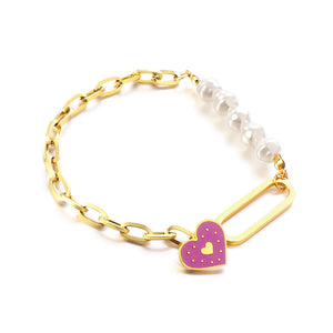 Pulsera Acero 5 Perlas Blancas+Accesorios Corazón Morado