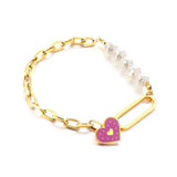 Bracelet acier inoxydable 5 perles blanches + accessoires forme coeur violet