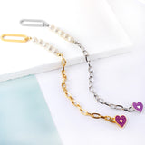 Pulsera Acero 5 Perlas Blancas+Accesorios Corazón Morado