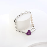 Pulsera Acero 5 Perlas Blancas+Accesorios Corazón Morado