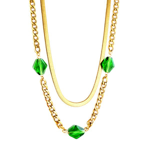 Collar Doble Cadena Accesorio 3 Diamantes Verdes Rombos