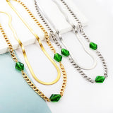 Collier Double Chaîne Accessoire 3 Losanges Diamants Verts