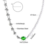 Stainless Steel Rhombus Green Diamond+Half White Pearls Necklace