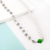 Stainless Steel Rhombus Green Diamond+Half White Pearls Necklace