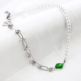 Stainless Steel Rhombus Green Diamond+Half White Pearls Necklace