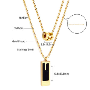 Three Round Hollow Pendants + Rectangular With Black Drop Oil Double Chain Necklace