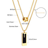 Three Round Hollow Pendants + Rectangular With Black Drop Oil Double Chain Necklace