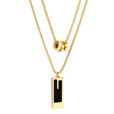 Three Round Hollow Pendants + Rectangular With Black Drop Oil Double Chain Necklace