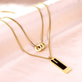 Three Round Hollow Pendants + Rectangular With Black Drop Oil Double Chain Necklace