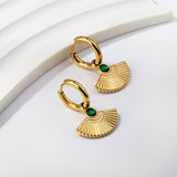 Inlaid green CZ fan drop earrings