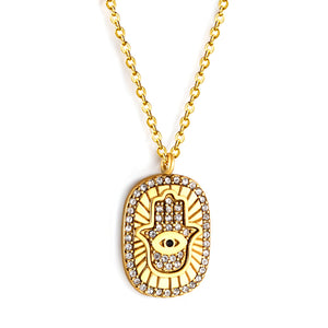 Hand pendant necklace with medal set zirconia