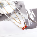 White Pearl Chain MOM Red Letter Accessories + White Heart Diamond Double Chain Necklace