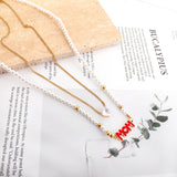 Chaîne de perles blanches MOM, accessoires avec lettres rouges + collier Double chaîne en diamant cœur blanc