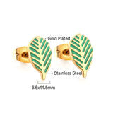 Stainless Steel 18K Gold Plated Leaf Green Cut Stud Earrings