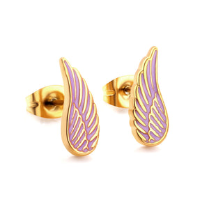 Stainless Steel Angel Wings Purple Cut Stud Earrings