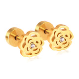 ASON-pendientes de tuerca con forma de flor para mujer, Piercing de estilo romántico, Circonia cúbica, Color dorado, acero inoxidable, joyería hueca para fiesta 