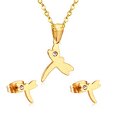 ASON Dragonfly Necklace Earrings Jewelry Set Stainless Steel Gold Color Animal Pendants Necklaces Statement Fashion Jewelry