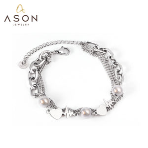 ASON Unique Imitation Pearl Heart Charm Bracelet Stainless Steel Chain Bangle Fashion Jewelry Accessories for Women