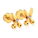 ASON Gold Color AAA CZ Scissors Screw Piercing Stud Earring Set for Women Cool Jewelry Stainless Steel Crystal Earring