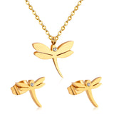 ASON Dragonfly Necklace Earrings Jewelry Set Stainless Steel Gold Color Animal Pendants Necklaces Statement Fashion Jewelry