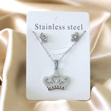 ASON Crown Pendant Necklace Charm Small Piercing Stud Earrings Jewelry Sets Gold Color Stainless Steel For Women