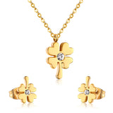 ASON Flower Cubic Zirconia Chain Pendant Necklace Piercing Stud Earrings Jewelry Sets Gold Color Stainless Steel For Women