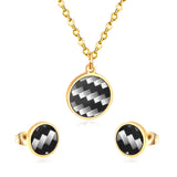 ASON Round  Wedding Shell Carbon Fiber Jewelry Sets Pendant Necklace & Small Stud Earrings 316L Stainless Steel for Women