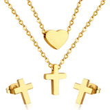 ASON Jewelry Sets for Party Stainless Steel Double Chains Necklace Gold Color Cross Piercing Stud Earring Fashion Jewelry