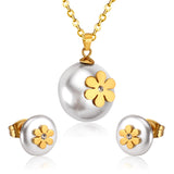 ASON Imitation Pearl Gold Bridal Wedding Jewelry Set for Women 316L Stainless Steel Necklace Pendant Small Stud Earring