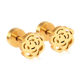 ASON-pendientes de tuerca con forma de flor para mujer, Piercing de estilo romántico, Circonia cúbica, Color dorado, acero inoxidable, joyería hueca para fiesta 